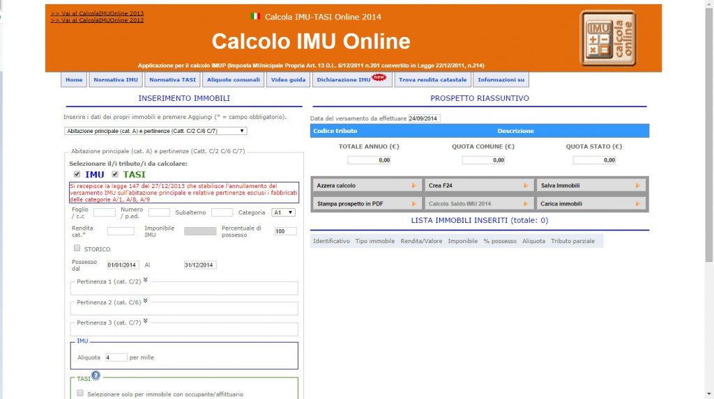 La pagina di seteimu per il calcolo Tasi